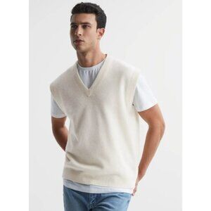 Reiss Men’s Cream Wool Knit Vest XS V-Neck Sleeveless Luxury Minimalist Sweater